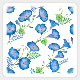 Morning Glory watercolor flowers ornament. Spring blue romantic flowers seamless pattern Sticker